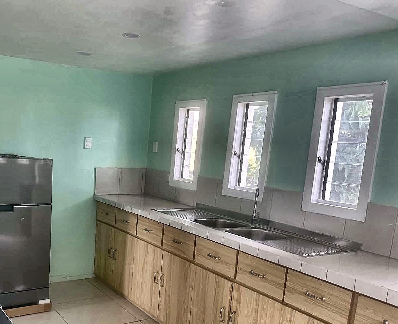 Full kitchen with fridge, double sink and cabinetry